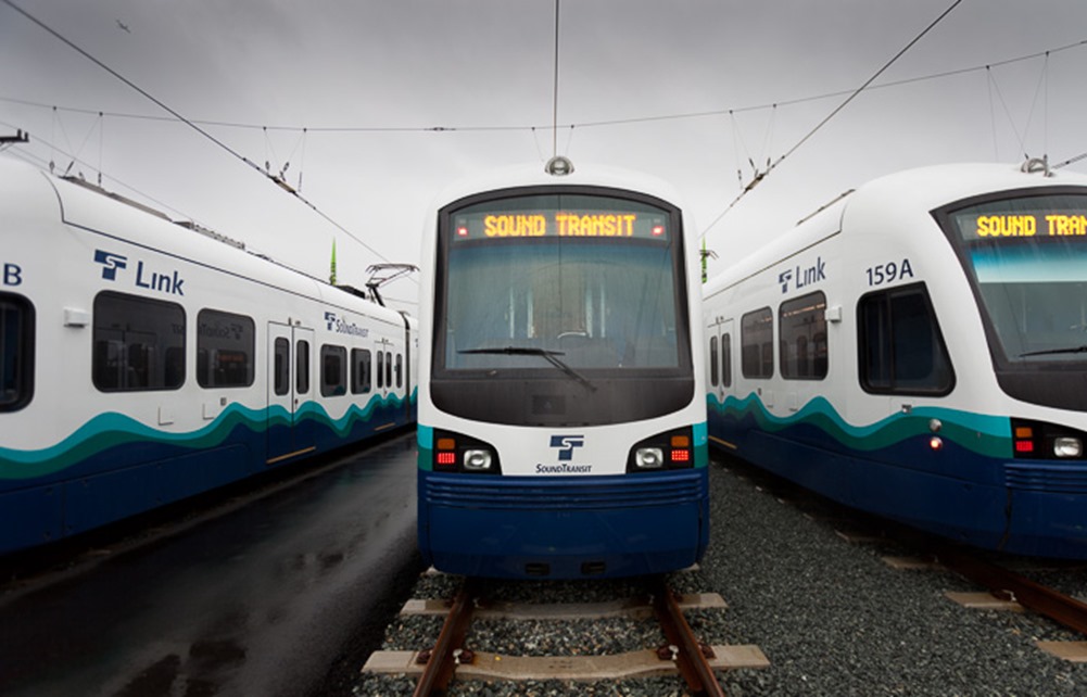 SoundTransit trains sit in the rail yard at the maintenance facility in Seattle on Friday, Feb. 17, 2012.